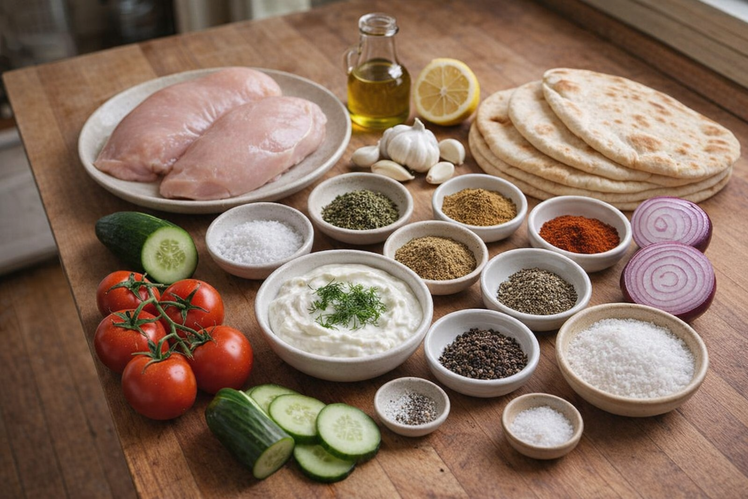 A top-down shot of the ingredients for chicken gyros laid out on a wooden surface: chicken breasts, olive oil, lemon, garlic, oregano, cumin, paprika, coriander, salt, pepper, cucumber, Greek yogurt, dill, tomatoes, red onion, and pita bread, natural window light
